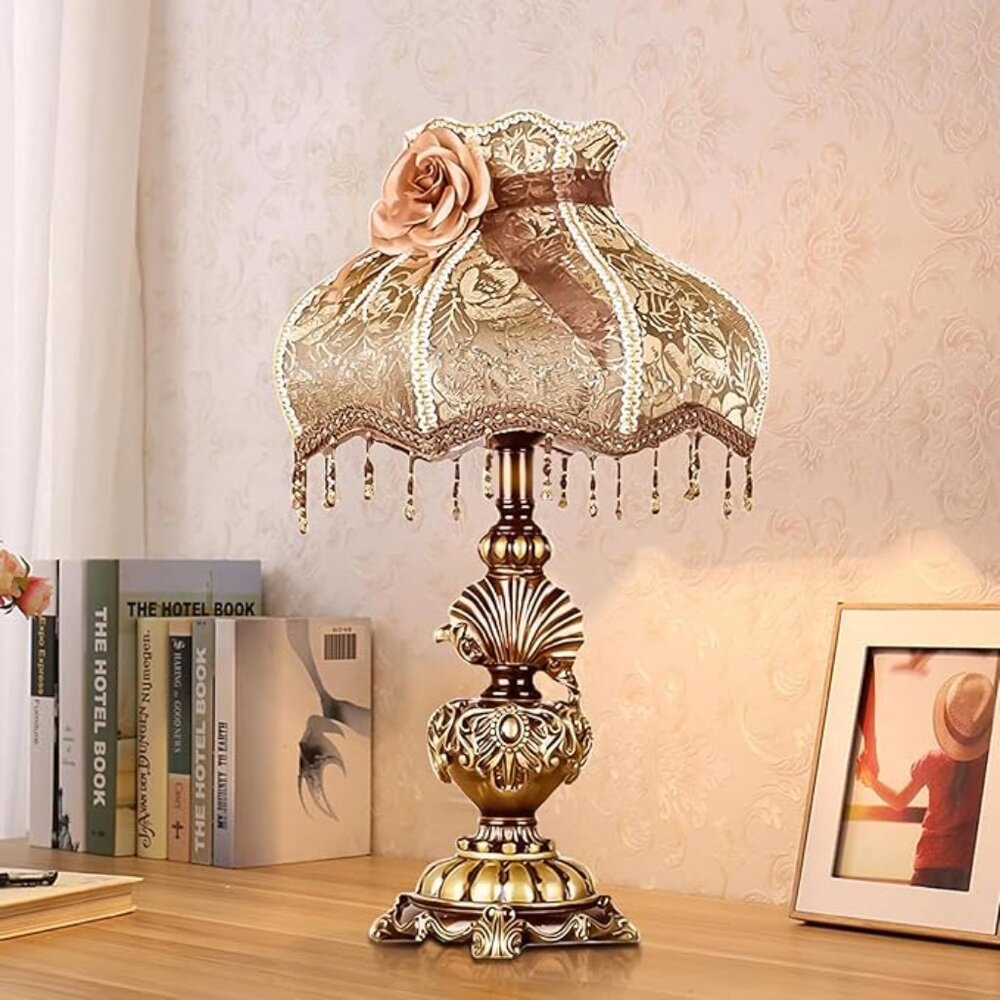 Traditional Victorian Table Lamp Brown Handmade Lace Fabric Lampshade European